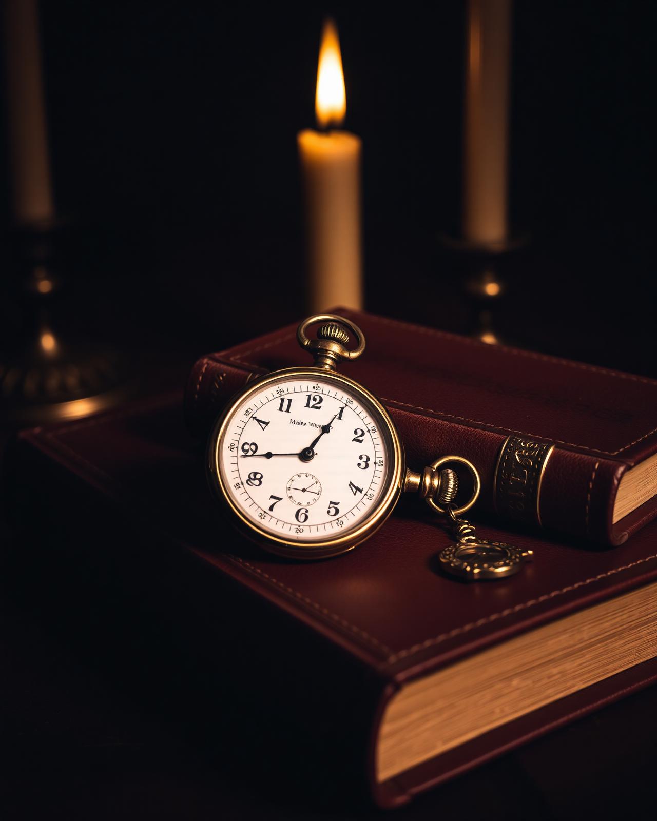 Vintage gold pocket watch on leather books