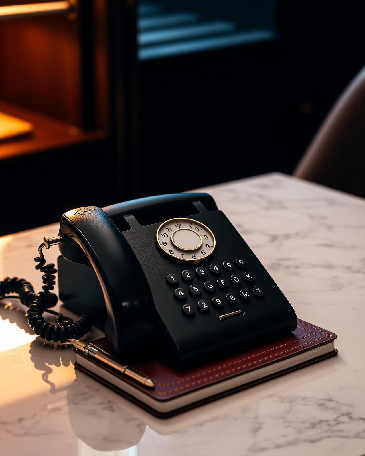 Elegant black telephone on a marble desk