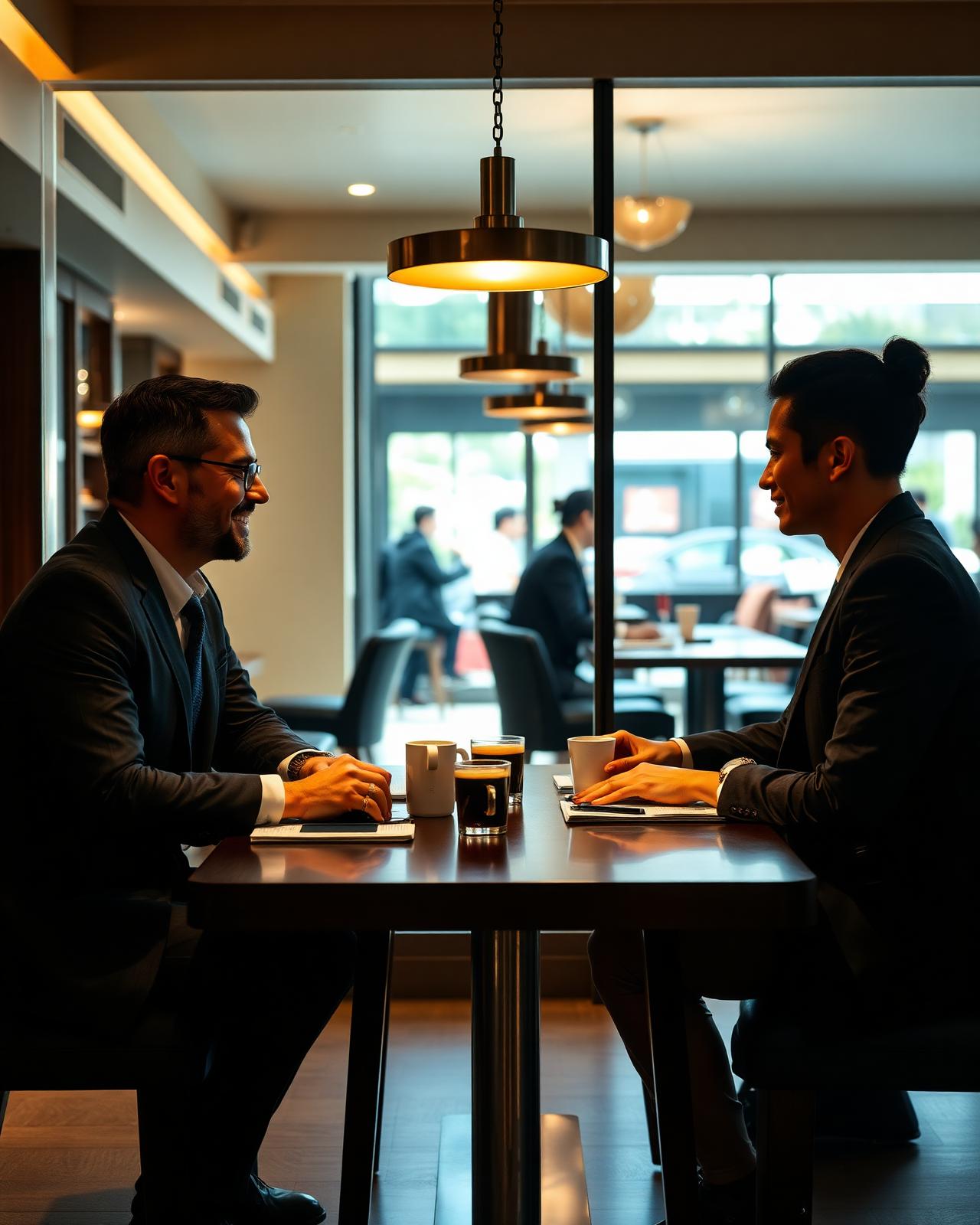 Two professionals meeting over coffee in an elegant café