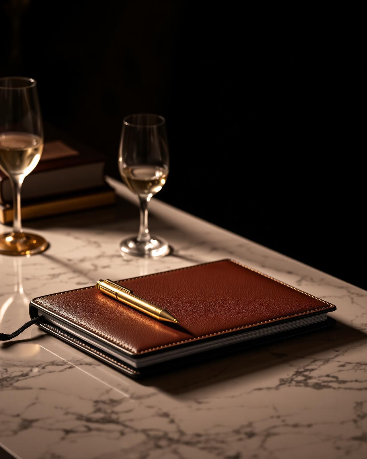 Leather portfolio and gold pen on marble desk