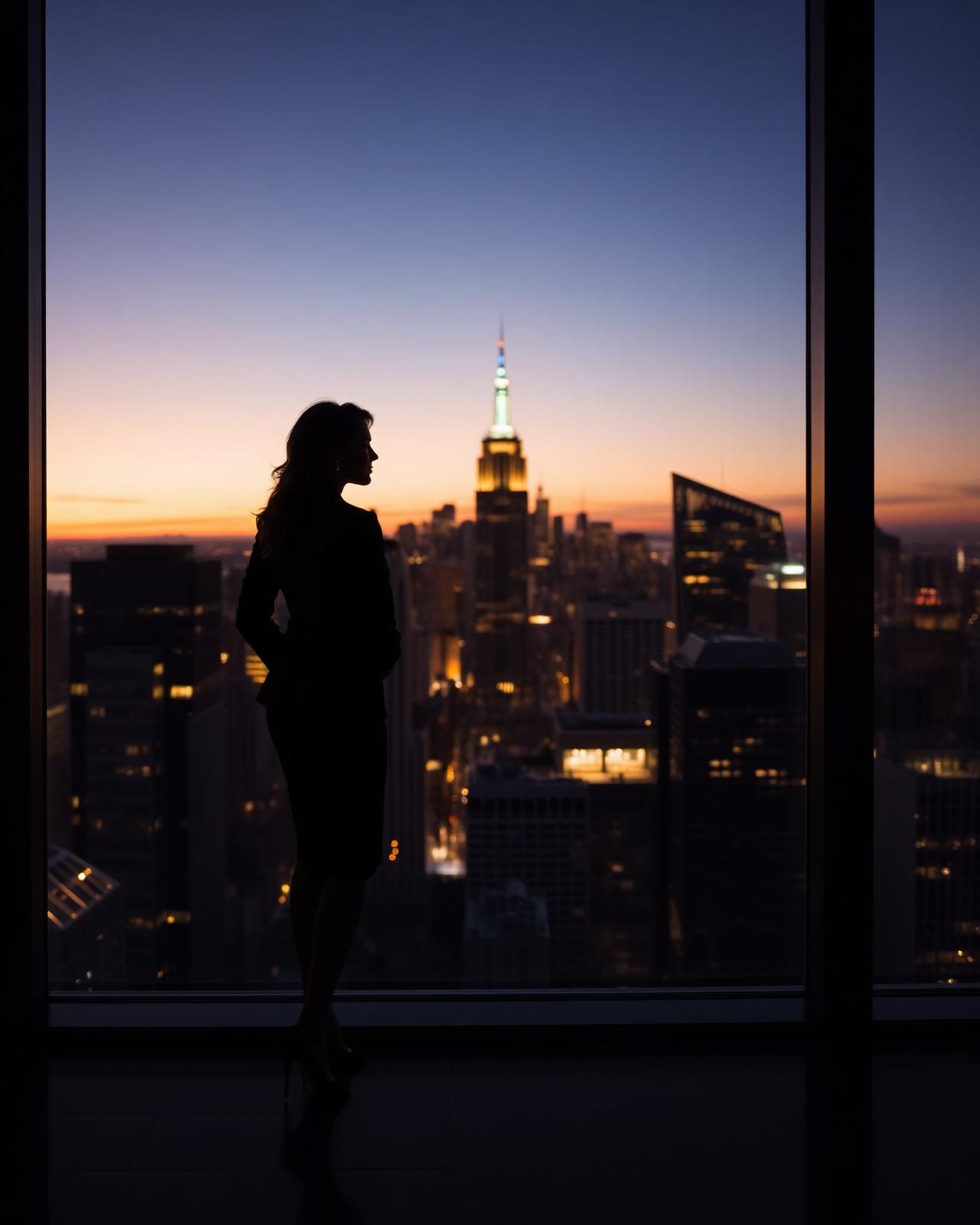 Elegant professional overlooking a city skyline at dusk