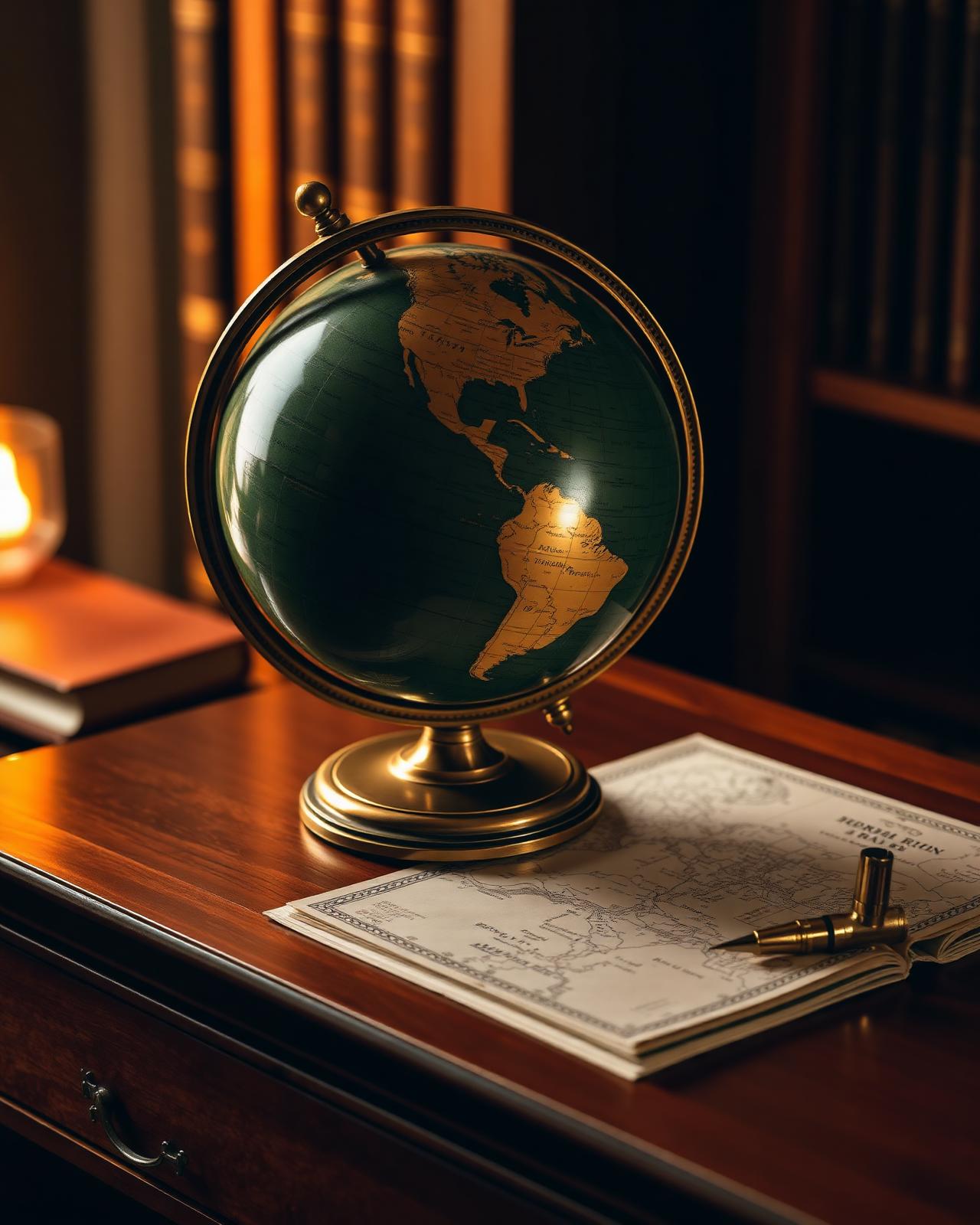 Antique brass globe on a walnut desk